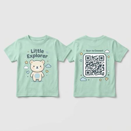 Mint Green Little Explorer Kids QR T-Shirt | Kids Safety QR Code T-Shirt