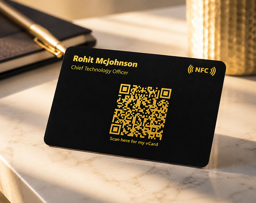 Minimalistic Secured Black & Gold NFC Business Card Hover